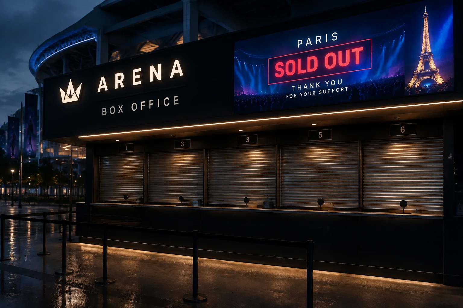 Guichet de billetterie fermé affichant complet pour le NBA Paris Game 2027