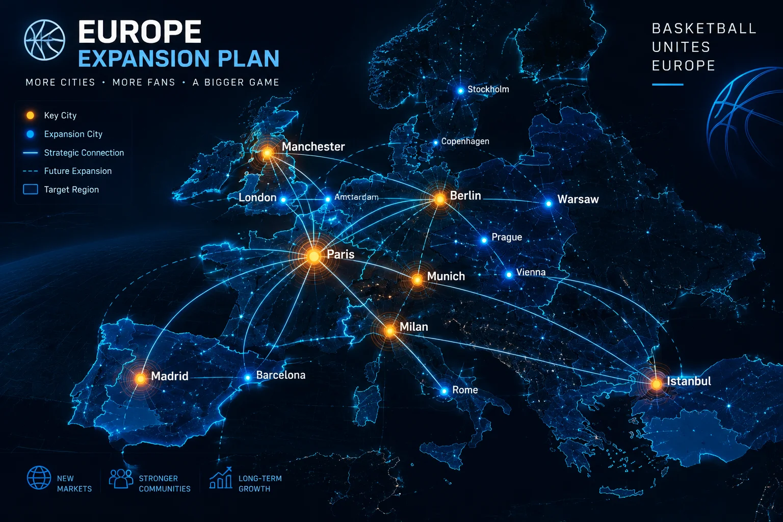 Schéma d'expansion stratégique de la NBA à travers les capitales européennes
