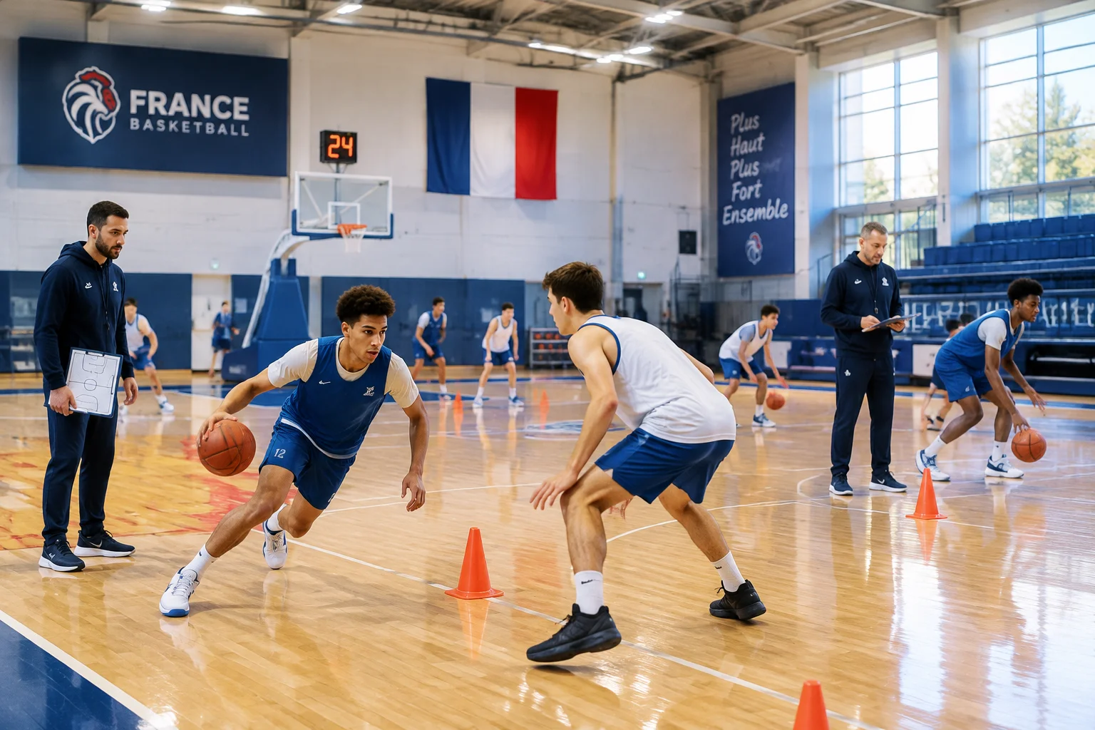 Les membres de l'académie de Nanterre et l'équipe technique des San Antonio Spurs réunis sur le parquet